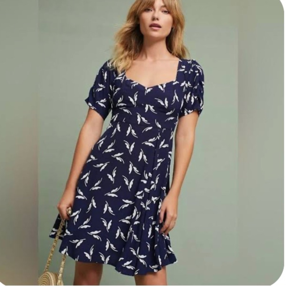 Anthropologie Maeve Navy/White Fern Print Ruched Dress Women's Size 2